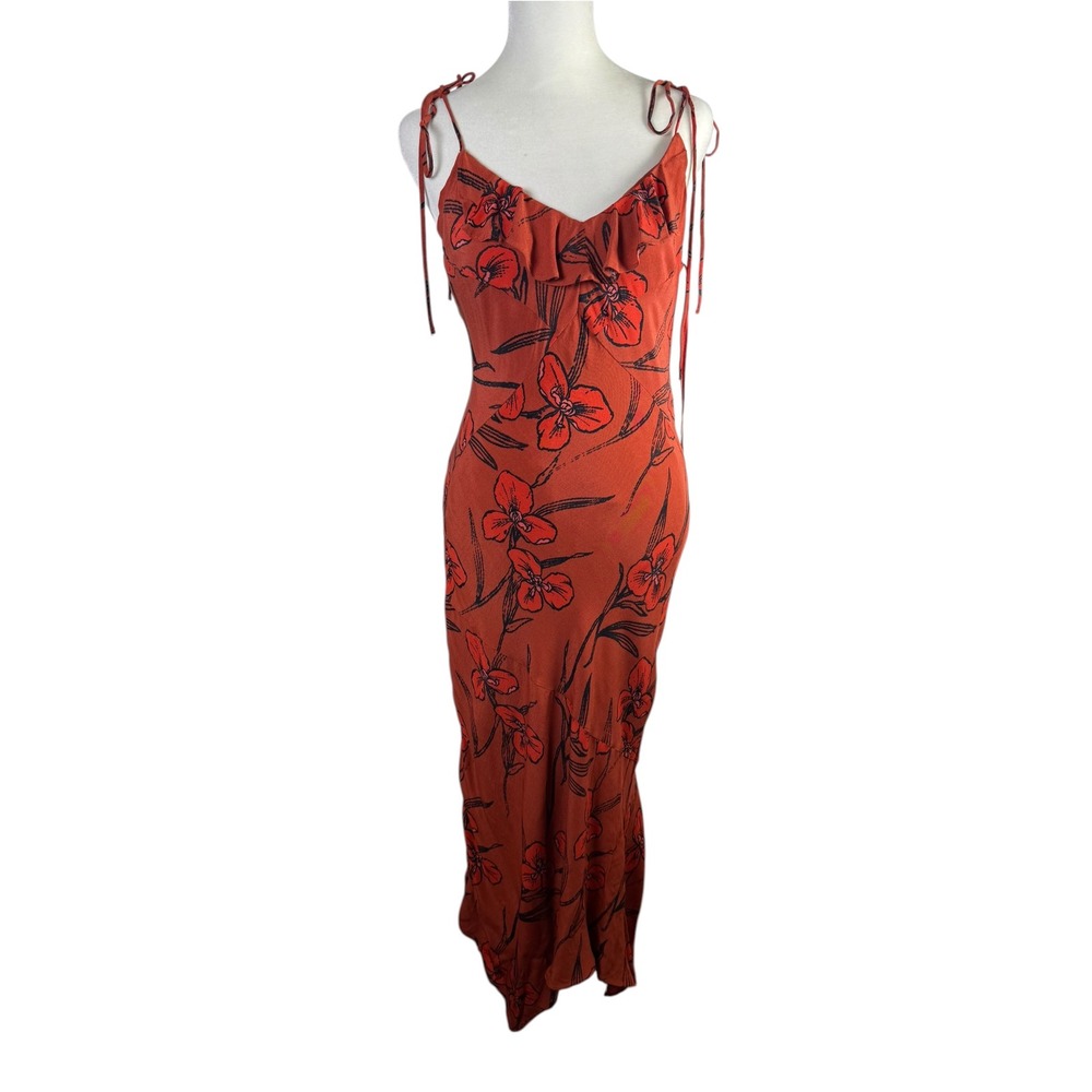 Anthropologie Ruffled V-Neck Maxi Slip Dress Size Small Rust / Autumn / Floral